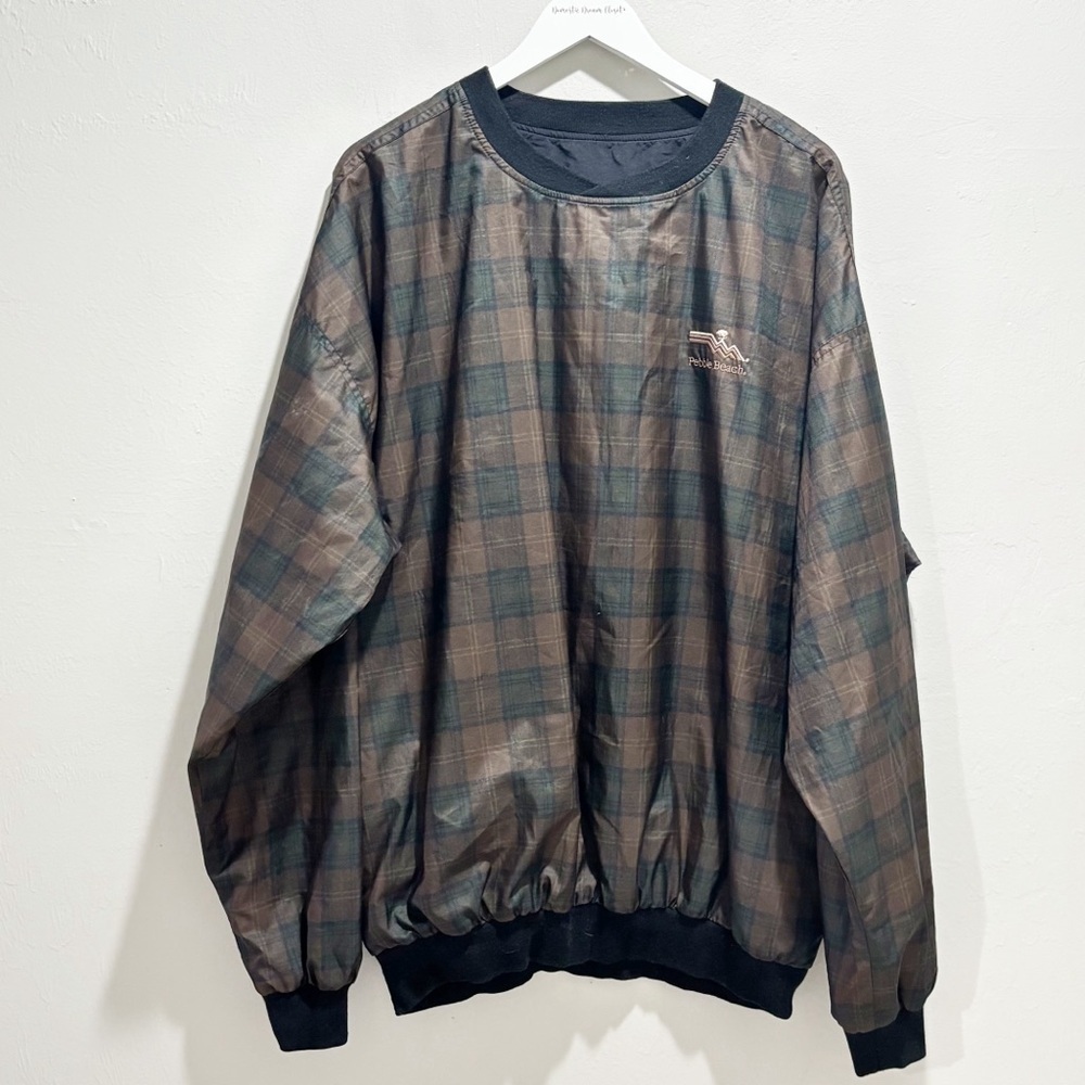 Vtg RÖCHE Men’s Brown Plaid Reversible PEBBLE BEACH Golf Pullover Jacket Sz XXL